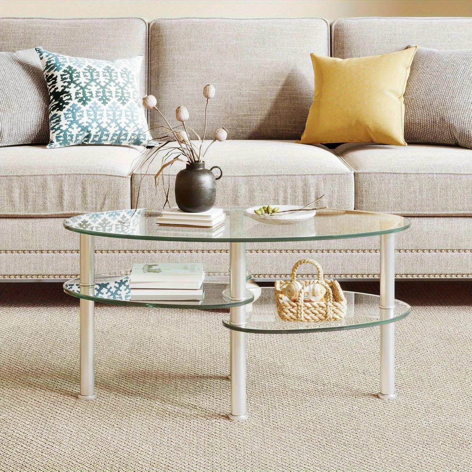3-Tier Oval Tempered Glass Coffee Table, Modern Coffee Table with Sturdy Metal Stand And Storage Shelf, Living Room Tables
3-Tier Oval Tempered Glass Coffee Table, Modern Coffee Table with Sturdy Metal Stand And Storage Shelf, Living Room Tables