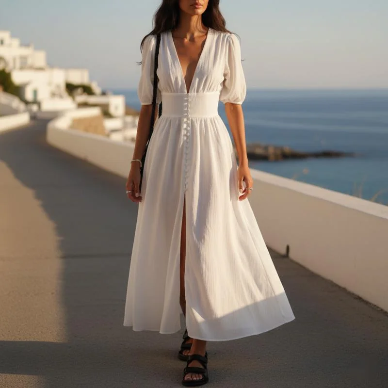 Elegant Women White Maxi Dress Deep V Neck Puff Sleeve High Waist Button Front Split Boho Long Dress Summer Holiday Beach Wear
Elegant Women White Maxi Dress Deep V Neck Puff Sleeve High Waist Button Front Split Boho Long Dress Summer Holiday Beach Wear