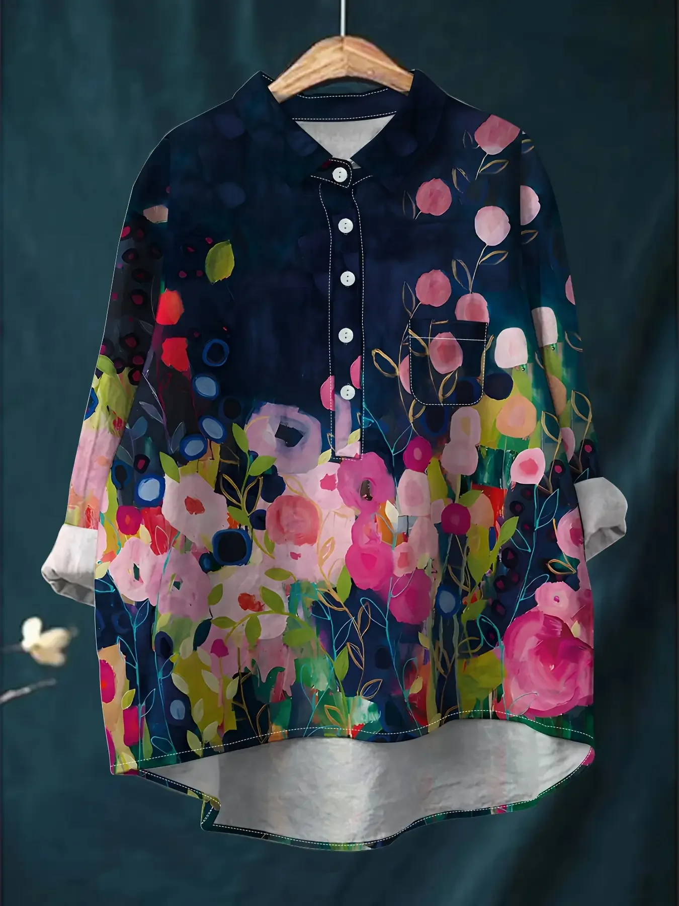 Ladies' casual loose fit floral printed button up shirt - machine washable all season versatile top, Tulip print beautiful top.
Ladies' casual loose fit floral printed button up shirt - machine washable all season versatile top, Tulip print beautiful top.