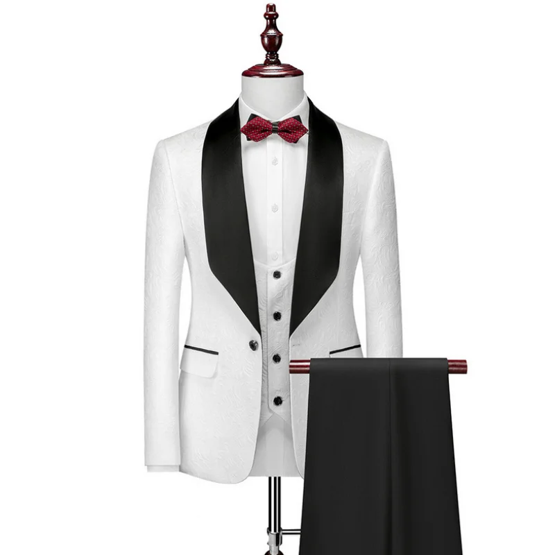 Men Suits White 3 Pieces With Black Lapel Floral Jacquard For Wedding Party Banquet Work Tuxedos Jacket Vest With Pants
Men Suits White 3 Pieces With Black Lapel Floral Jacquard For Wedding Party Banquet Work Tuxedos Jacket Vest With Pants
