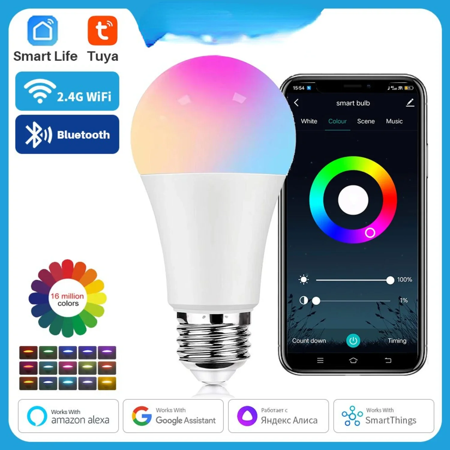 Dimmable Smart Bulb E27 WiFi/Bluetooth RGBW LED Light Bulb 100-240V for Smart Life App Control with Alexa Support
Dimmable Smart Bulb E27 WiFi/Bluetooth RGBW LED Light Bulb 100-240V for Smart Life App Control with Alexa Support