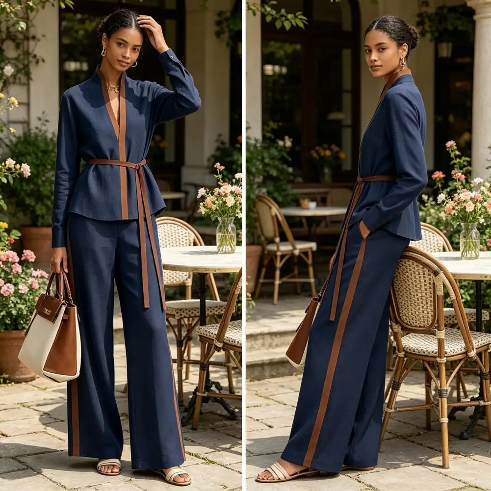 Skin-friendly Fabric Outfit Color Block Two-piece Set for Women Long Sleeve Stand Collar Open Front Top Wide Leg Pants Lounge
Skin-friendly Fabric Outfit Color Block Two-piece Set for Women Long Sleeve Stand Collar Open Front Top Wide Leg Pants Lounge