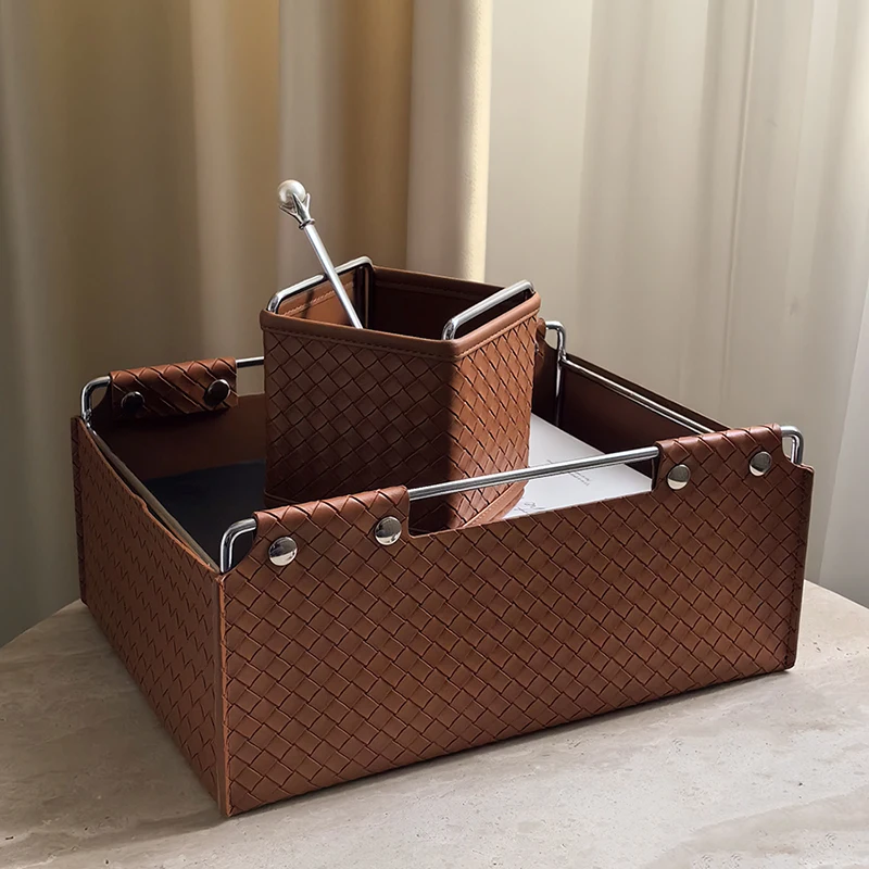 INS-Style Luxury Desk Storage Box, Leather Woven Cosmetic Organizer, Multifunctional Tray for Keys, Tabletop Sorting Basket
INS-Style Luxury Desk Storage Box, Leather Woven Cosmetic Organizer, Multifunctional Tray for Keys, Tabletop Sorting Basket