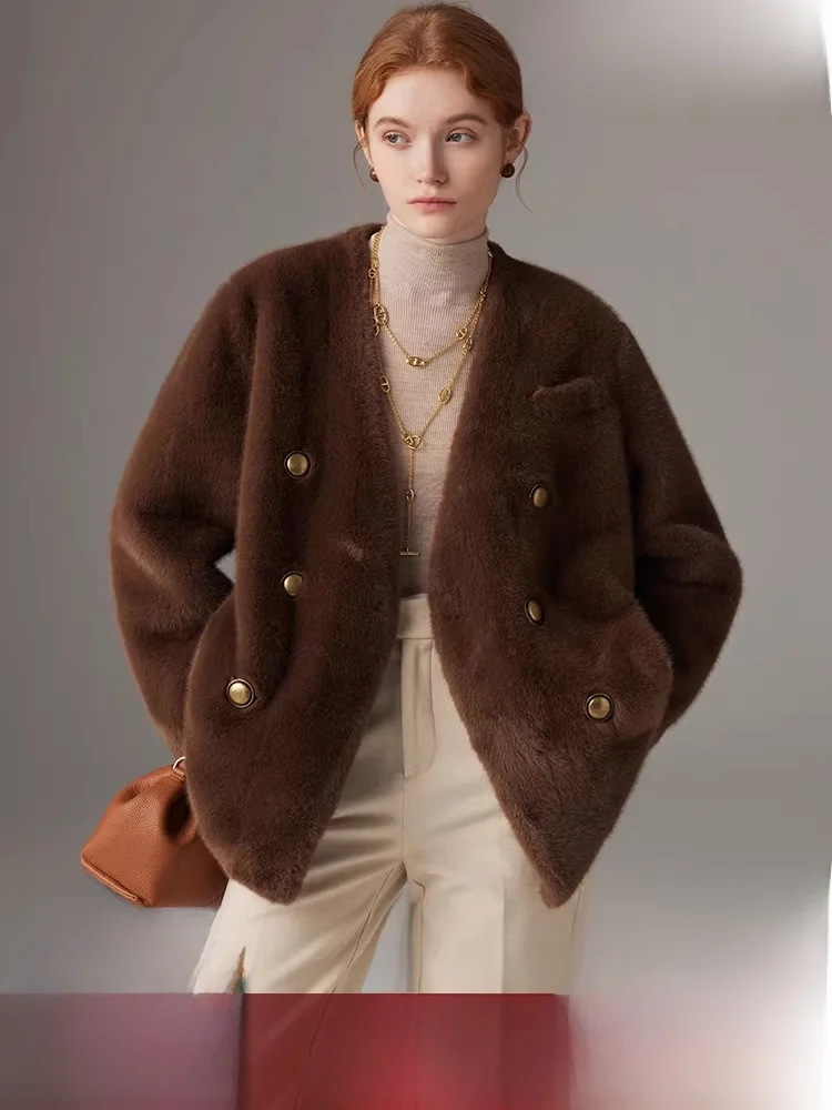 Young Women's Thiened Double-Breasted Faux Fur Coat Real Mink Velvet Inteated Outerwear Korean Sle V-Ne Long Sve
Young Women's Thiened Double-Breasted Faux Fur Coat Real Mink Velvet Inteated Outerwear Korean Sle V-Ne Long Sve