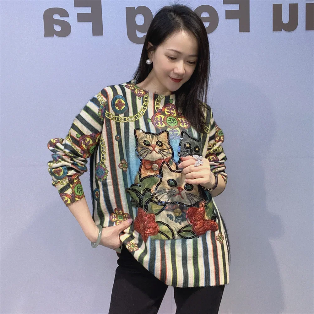 Винтажный стиль, полосатые свитера, женская свободная одежда, блестки, вышивка, мультяшный кот, пуловер с длинными рукавами и круглым вырезом, трикотаж 
Винтажный стиль, полосатые свитера, женская свободная одежда, блестки, вышивка, мультяшный кот, пуловер с длинными рукавами и круглым вырезом, трикотаж