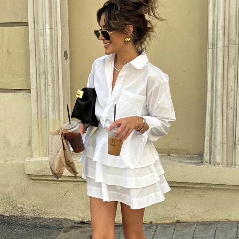 Fashion White Shirt Cake Skirt Outfit Spring Women Lapel Long Sleeved Top+High Waist Multi Layer Mini Skirt Summer Two Piece Set
Fashion White Shirt Cake Skirt Outfit Spring Women Lapel Long Sleeved Top+High Waist Multi Layer Mini Skirt Summer Two Piece Set