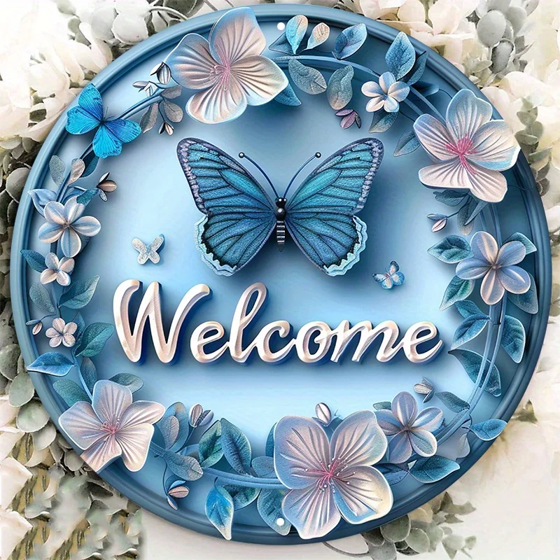 Aluminum Welcome Sign Wall Decor, Waterproof Round Metal Door Hanger with Blue Butterflies and Floral Design
Aluminum Welcome Sign Wall Decor, Waterproof Round Metal Door Hanger with Blue Butterflies and Floral Design
