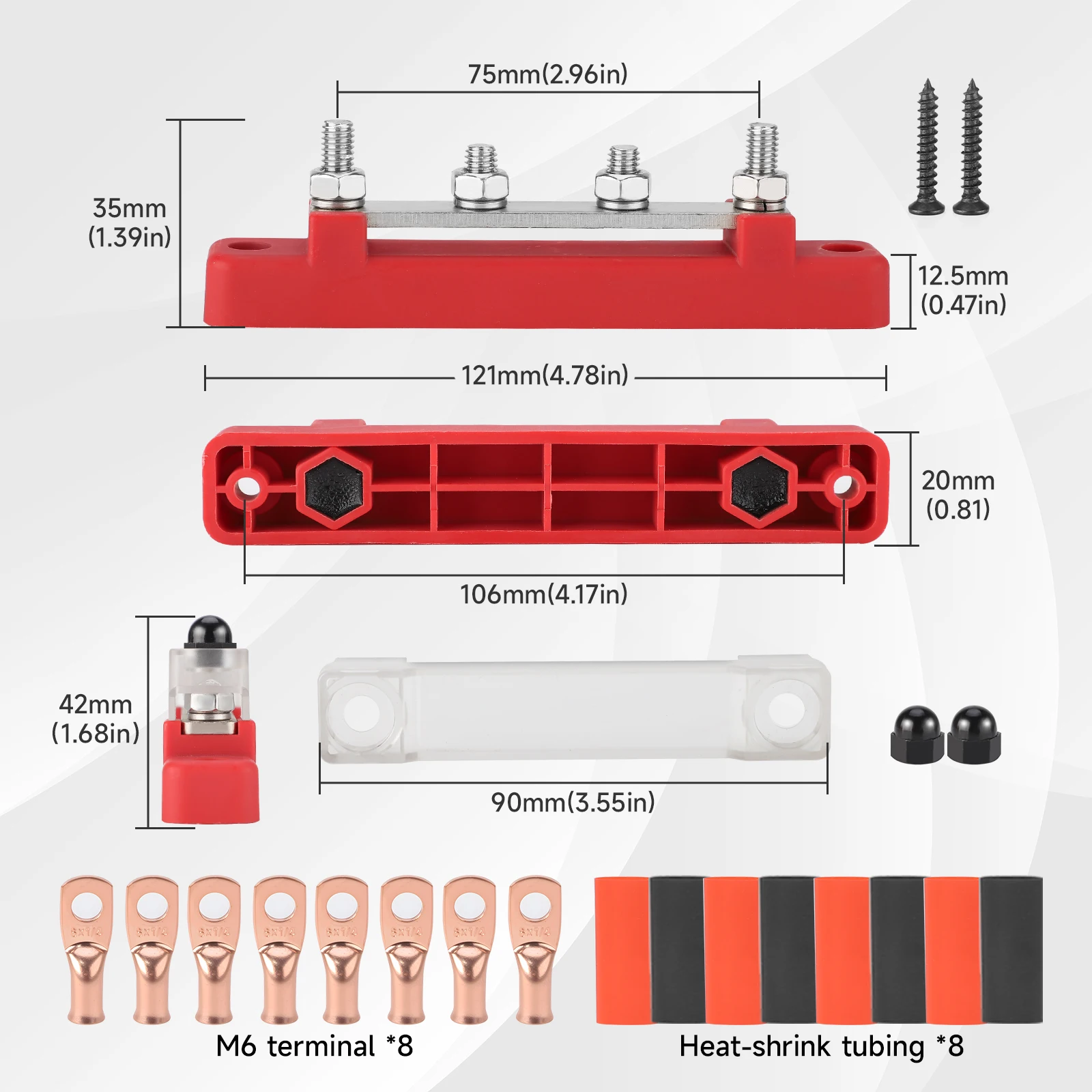 4 Post 48V 150A Power Distribution Block 1/4" M6 Stud Nickel Plated Copper Bus Bar For Marine Car RV Solar Wiring Red Terminal
4 Post 48V 150A Power Distribution Block 1/4" M6 Stud Nickel Plated Copper Bus Bar For Marine Car RV Solar Wiring Red Terminal