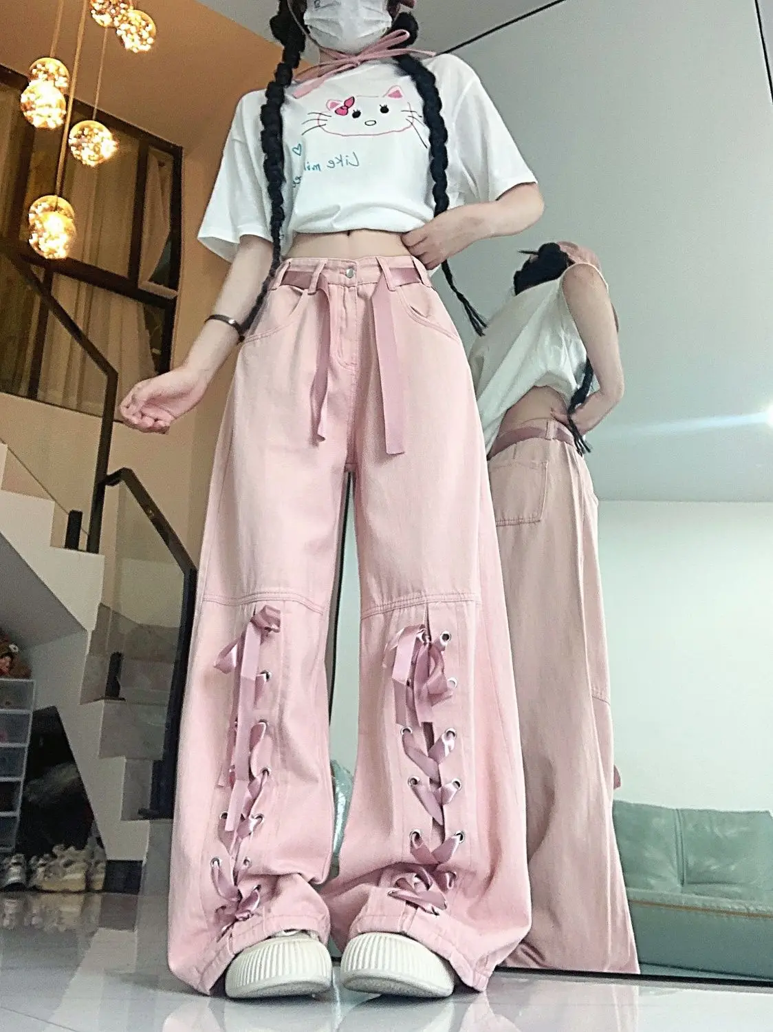 Pink Bow Straps Work Clothes Casual Pants For Women Sweet And Cool Girls Summer Design Loose Straight Wide-Leg Pants
Pink Bow Straps Work Clothes Casual Pants For Women Sweet And Cool Girls Summer Design Loose Straight Wide-Leg Pants