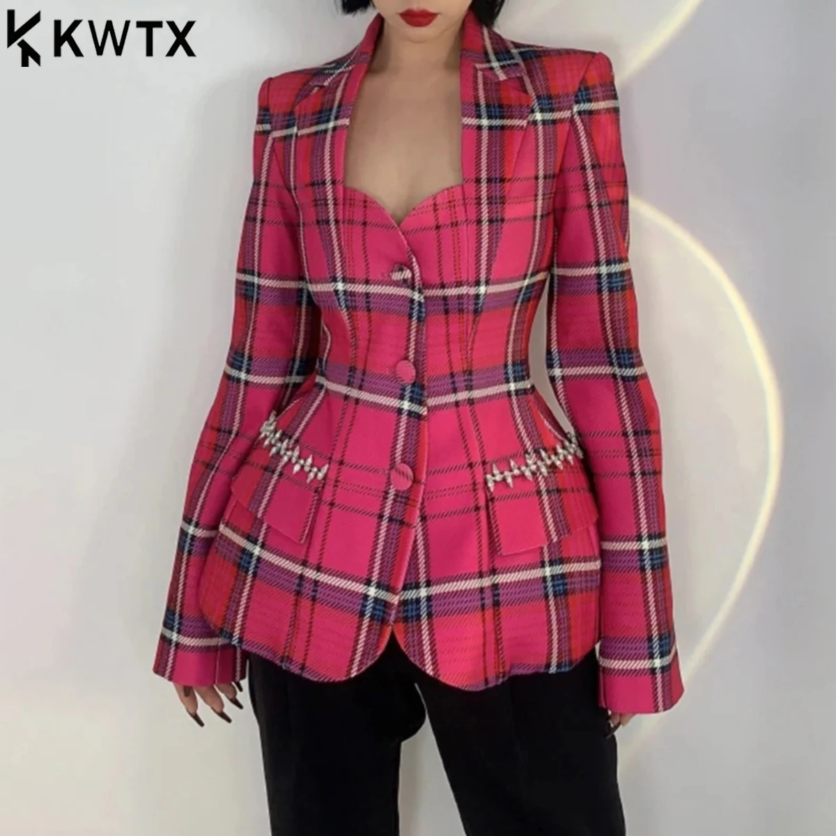 KWTX женский винтажный дизайнерский двубортный облегающий пиджак с открытой спиной и талией, осенний пиджак с цветными блоками и бисером 
KWTX женский винтажный дизайнерский двубортный облегающий пиджак с открытой спиной и талией, осенний пиджак с цветными блоками и бисером