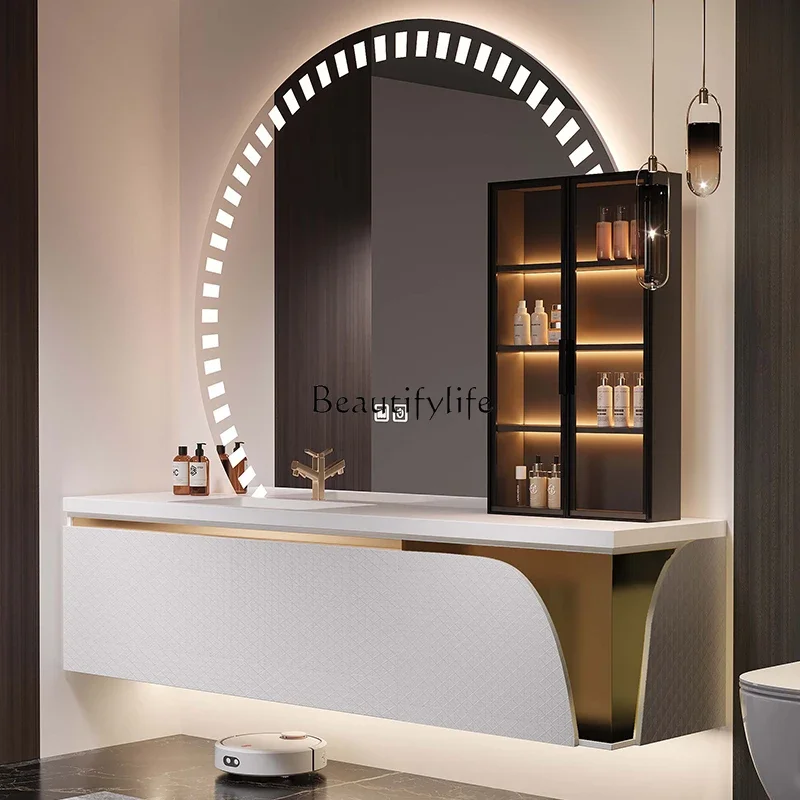 Modern light luxury oak bathroom cabinet new rock slab integrated basin washbasin
Modern light luxury oak bathroom cabinet new rock slab integrated basin washbasin