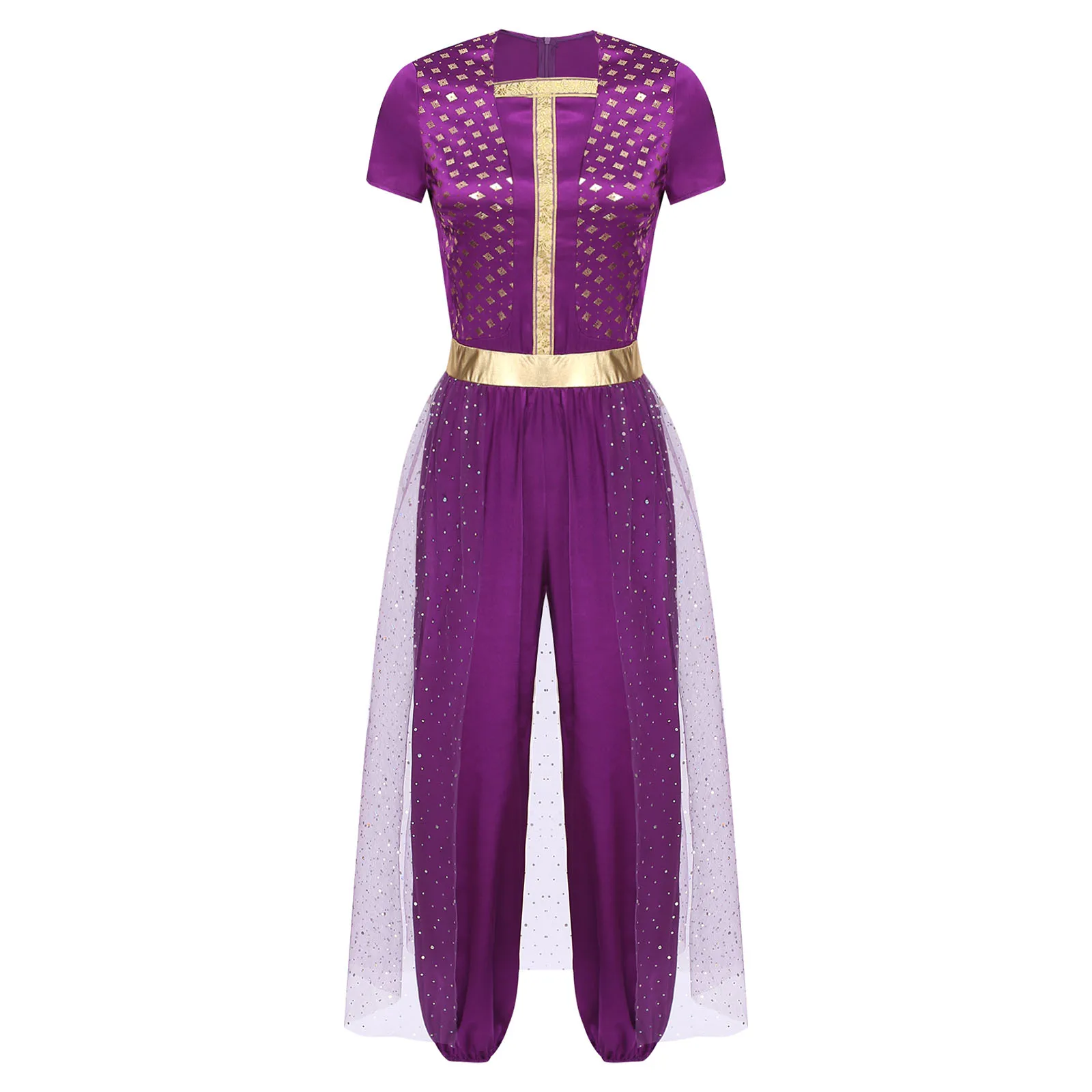 Women Arabian Princess Cosplay Costumes Jumpsuit Metallic Shiny Long Pants Tulle Overlay Romper Lamp Costume for Halloween Party
Women Arabian Princess Cosplay Costumes Jumpsuit Metallic Shiny Long Pants Tulle Overlay Romper Lamp Costume for Halloween Party