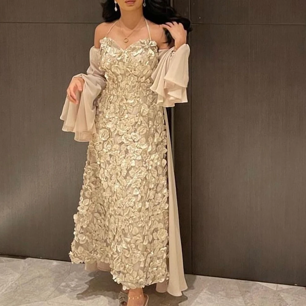 Temperament Appliques Flare sleeves Strapless Ankle Length A-Line Party Gowns Chiffon Detachable Sleeve Vestidos de fiesta
Temperament Appliques Flare sleeves Strapless Ankle Length A-Line Party Gowns Chiffon Detachable Sleeve Vestidos de fiesta