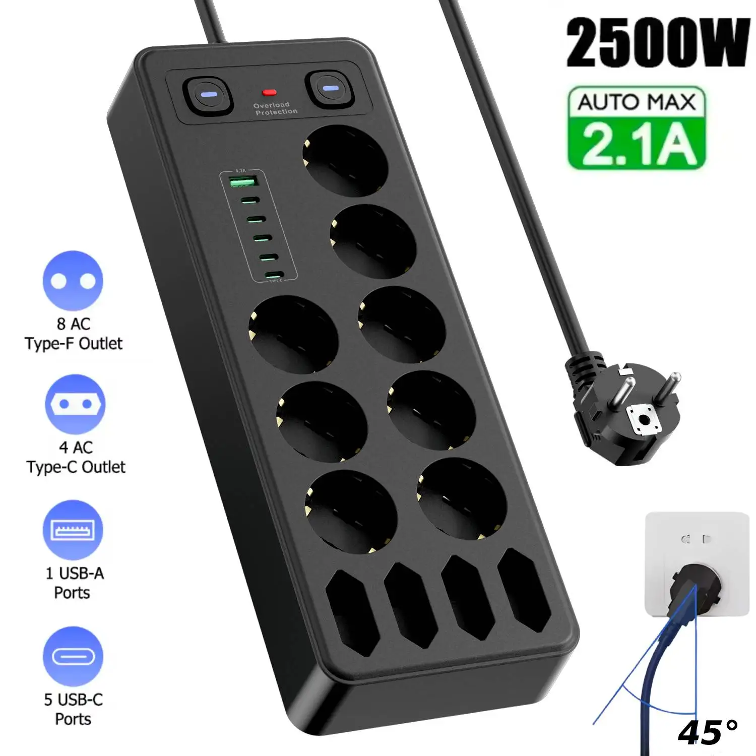 Power Strip with 2M Extension Cord 9 EU Holes 6USB Type C Ports Universal AC Outlet Power Socket Phone Safe Charging Adapter
Power Strip with 2M Extension Cord 9 EU Holes 6USB Type C Ports Universal AC Outlet Power Socket Phone Safe Charging Adapter