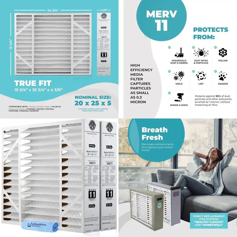 20x25x5 MERV 11 Air Filter HVAC AC Furnace Filters, 2-Pack (Actual Size: 19.75x24.75x4.38 Inches)
20x25x5 MERV 11 Air Filter HVAC AC Furnace Filters, 2-Pack (Actual Size: 19.75x24.75x4.38 Inches)