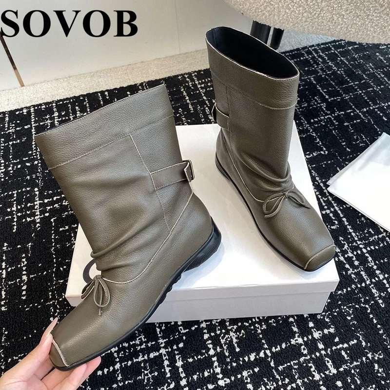 Spring Autumn Genuine Leather Bow Decoration Square Toe Mid Calf Boots Women's Pleated Retro Flat Heel Belt Buckle Chelsea Boots
Spring Autumn Genuine Leather Bow Decoration Square Toe Mid Calf Boots Women's Pleated Retro Flat Heel Belt Buckle Chelsea Boots