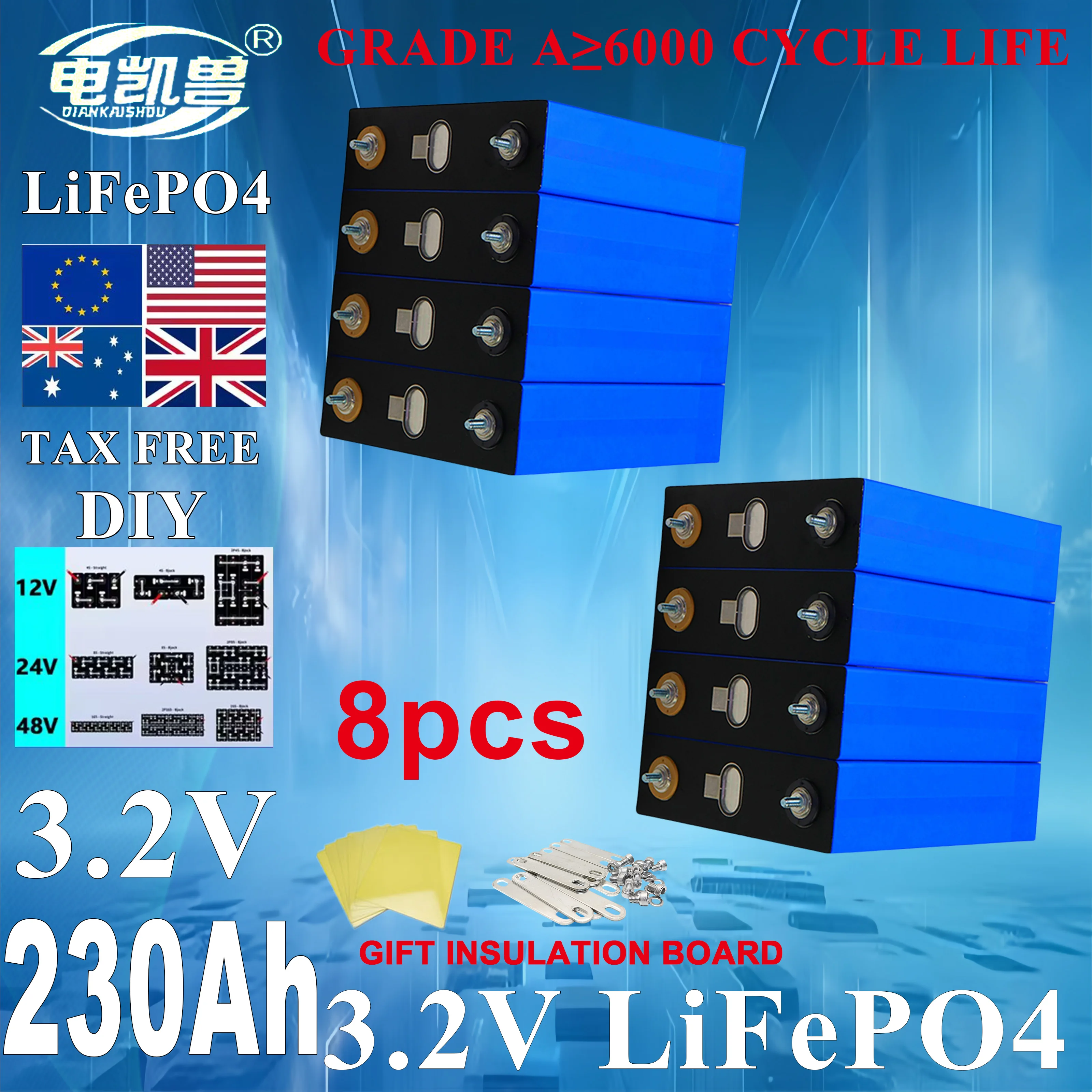 New 8pcs Grade A 230ah 3.2V Lifepo4 Rechargeable Battery 6000 Cycles DIY 12V 24V 48V RV, yacht, golf cart battery tax free
New 8pcs Grade A 230ah 3.2V Lifepo4 Rechargeable Battery 6000 Cycles DIY 12V 24V 48V RV, yacht, golf cart battery tax free