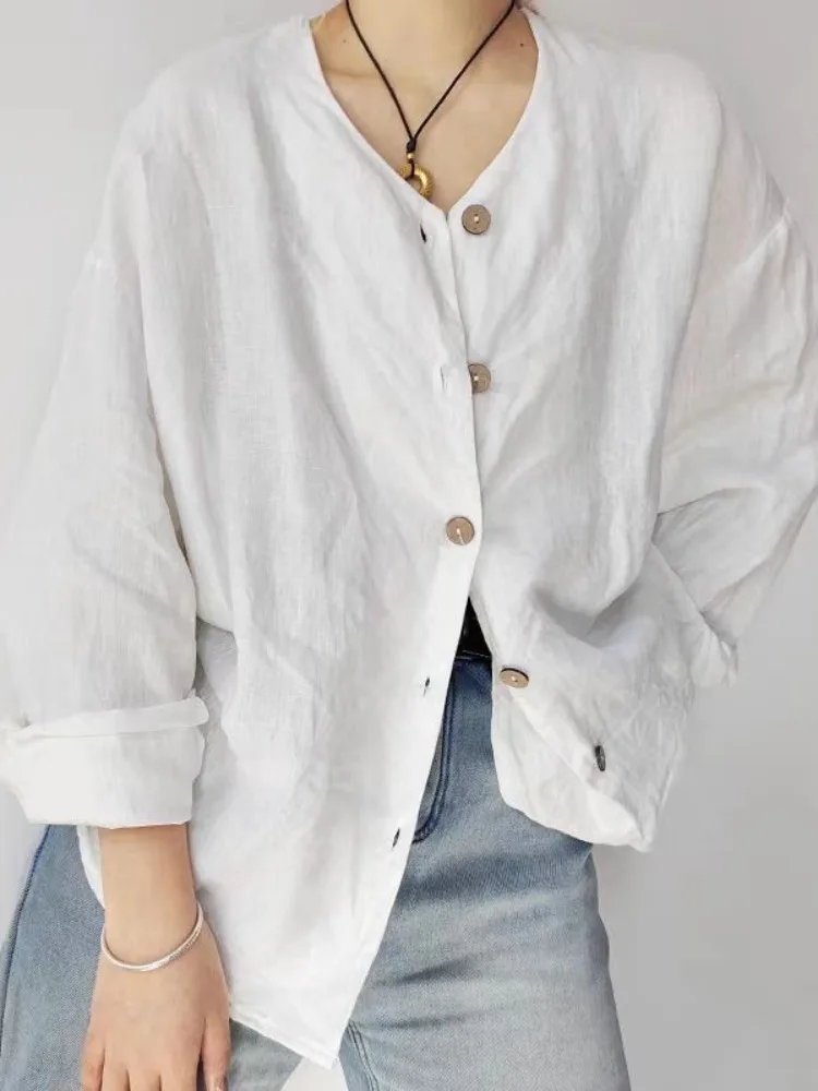 Ladies Casual Cotton Linen V-neck Shirt Spring Summer Loose Fit Button up Classic Style Long Sleeve White Shirt Coat
Ladies Casual Cotton Linen V-neck Shirt Spring Summer Loose Fit Button up Classic Style Long Sleeve White Shirt Coat