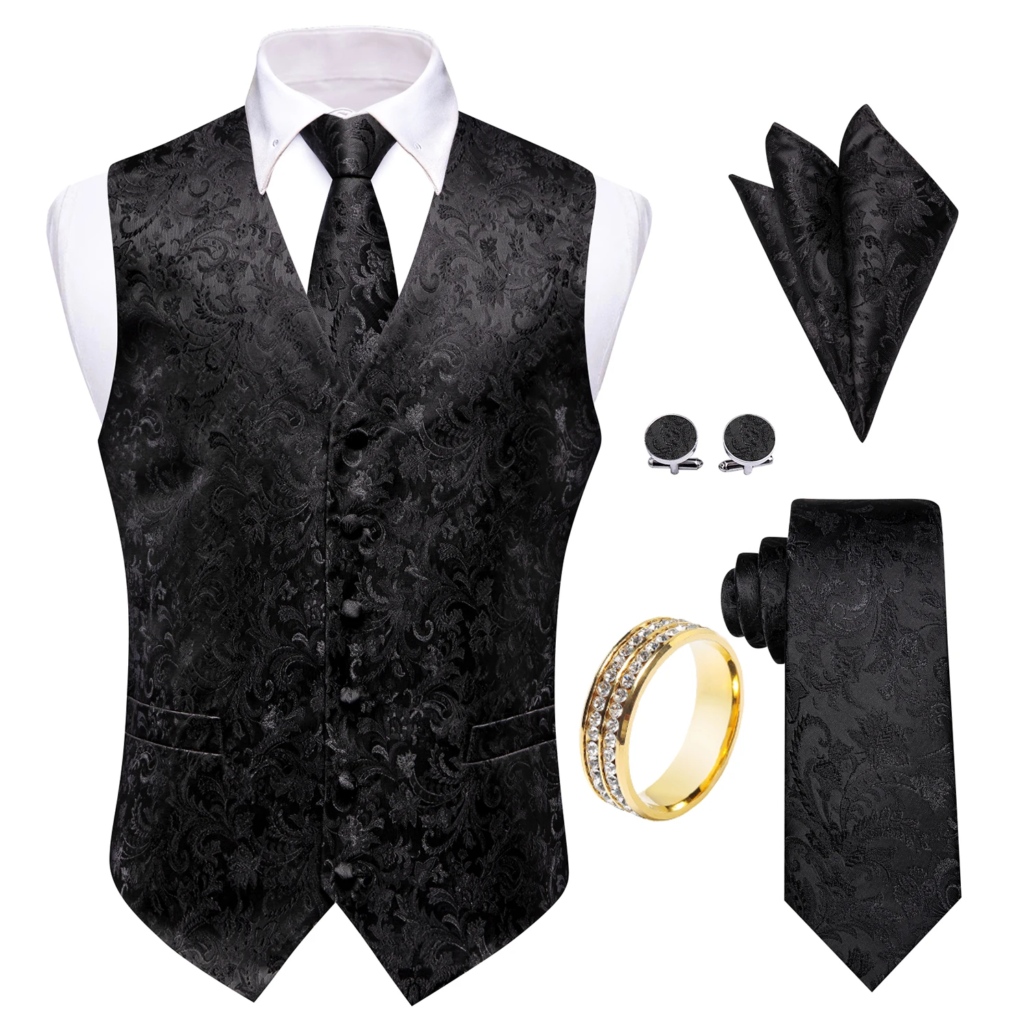 Matte Black Paisley Jacquard Vest 5Pcs Outfit Tie Square Cufflinks Shiny Gold Ring For Formal Business Conference
Matte Black Paisley Jacquard Vest 5Pcs Outfit Tie Square Cufflinks Shiny Gold Ring For Formal Business Conference