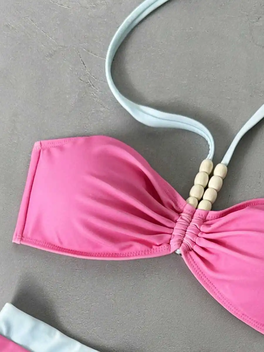 Pink Blue Beaded Strap Bandeau Bikini Set Drawstring Shorts Solid Color Beach Swimwear
Pink Blue Beaded Strap Bandeau Bikini Set Drawstring Shorts Solid Color Beach Swimwear