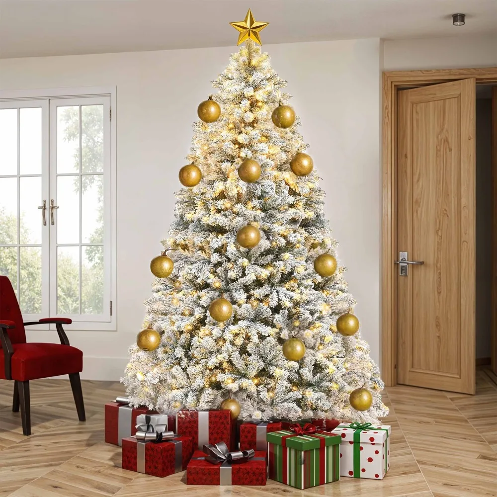9ft Prelit Snow Flocked Christmas Tree with Remote Hinged Pine 2150 Branch Tips 
9ft Prelit Snow Flocked Christmas Tree with Remote Hinged Pine 2150 Branch Tips