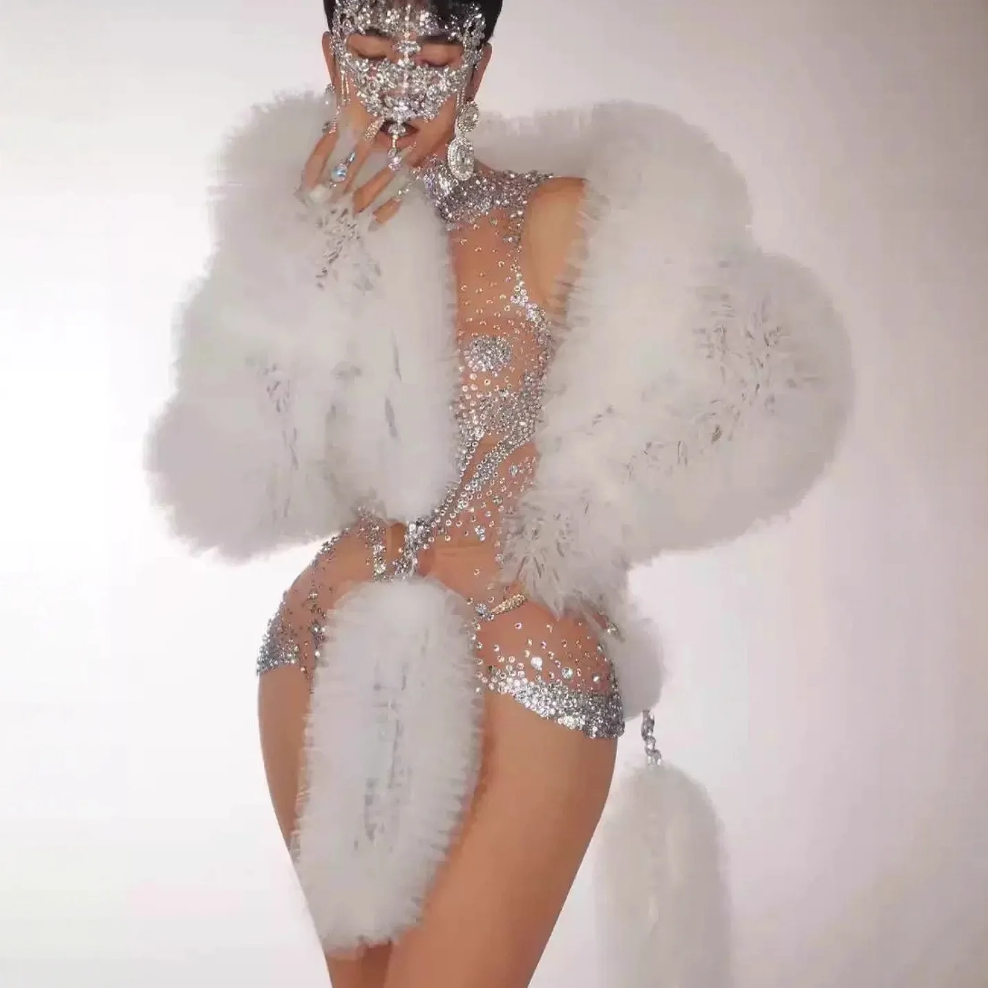 Sexy See-through Mesh Poncho with Sparkling Rhinestones Fashionable One-piece Party Performance Gown Low-waist Short-pants
Sexy See-through Mesh Poncho with Sparkling Rhinestones Fashionable One-piece Party Performance Gown Low-waist Short-pants