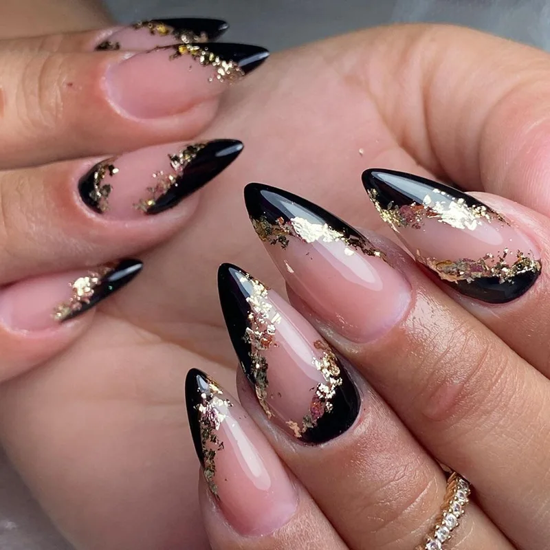 3D fake nails accessories black gold glitter foil designs short almond tips DIY manicure supplies press on false acrylic nail
3D fake nails accessories black gold glitter foil designs short almond tips DIY manicure supplies press on false acrylic nail