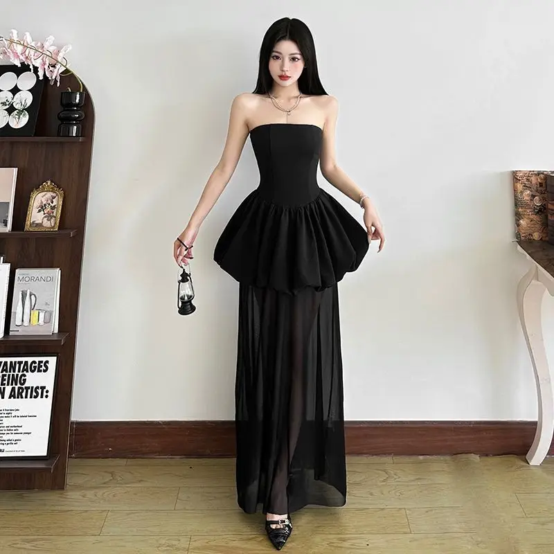 French Hepburn Style Tulle Patchwork Fake Two Piece Maxi Dress 2025 for Women Black Strapless Elegant Dress
French Hepburn Style Tulle Patchwork Fake Two Piece Maxi Dress 2025 for Women Black Strapless Elegant Dress