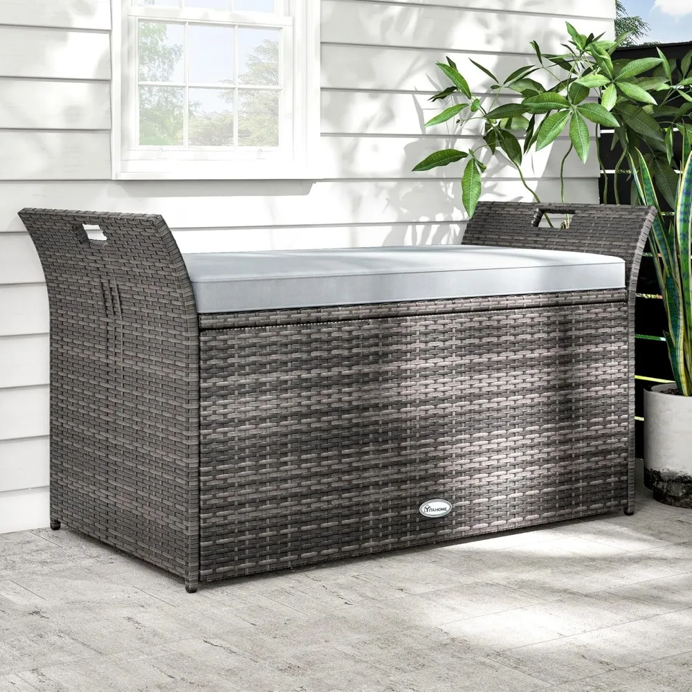 90-галонная уличная плетеная скамейка для хранения с подушкой, большой ящик для хранения из полиэтилена из ротанга с ручками и гидравликой для мебели для патио,
90-галонная уличная плетеная скамейка для хранения с подушкой, большой ящик для хранения из полиэтилена из ротанга с ручками и гидравликой для мебели для патио,