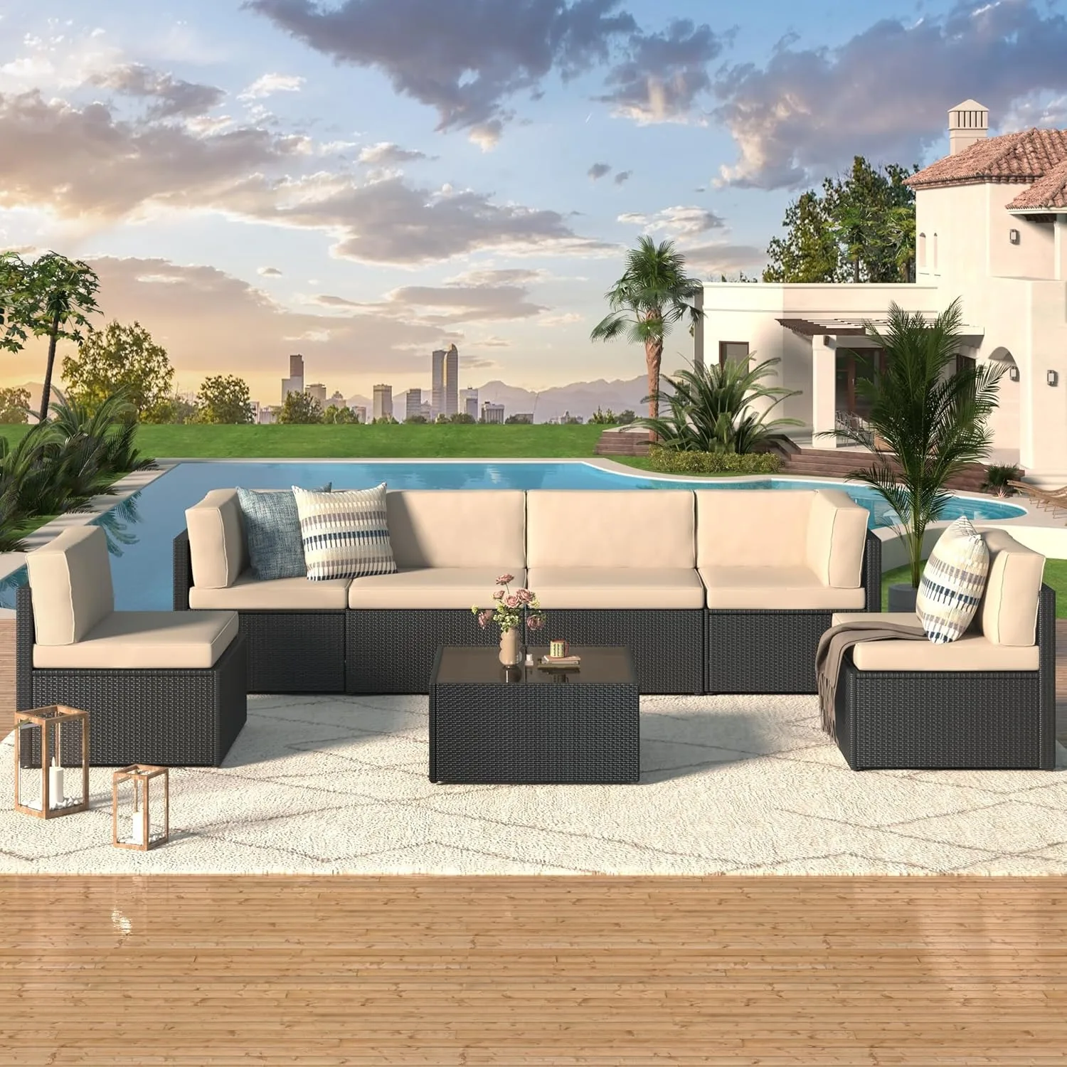 7 Piece Outdoor Patio Furniture Set, PE Rattan Outdoor Wicker Furniture(Black Rattan&Khaki Cushion)
7 Piece Outdoor Patio Furniture Set, PE Rattan Outdoor Wicker Furniture(Black Rattan&Khaki Cushion)