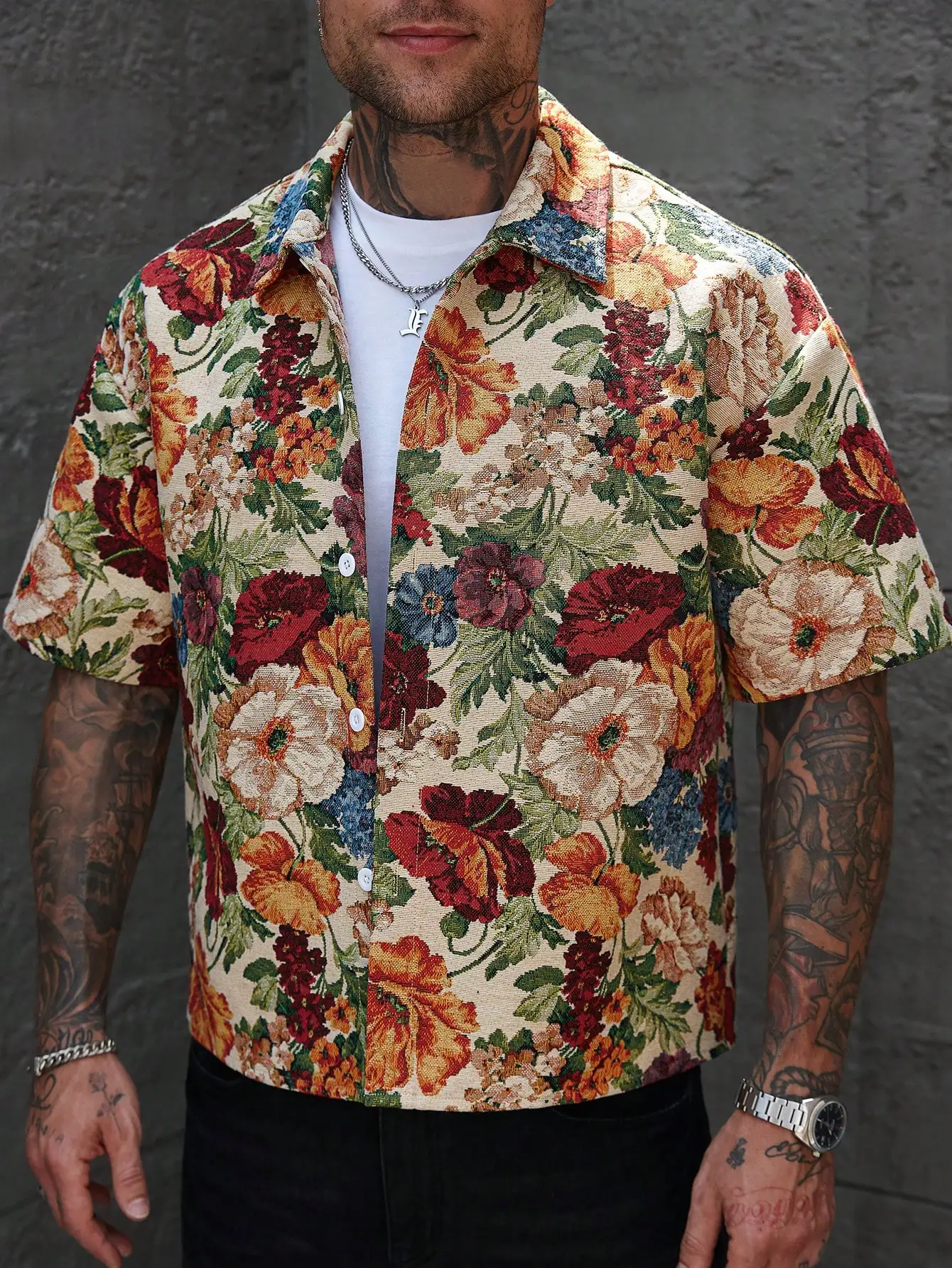 Men's Oversized Floral Jacquard Short-Sleeve Button-Front Shirt - Spring Summer Casual Loose Fit
Men's Oversized Floral Jacquard Short-Sleeve Button-Front Shirt - Spring Summer Casual Loose Fit