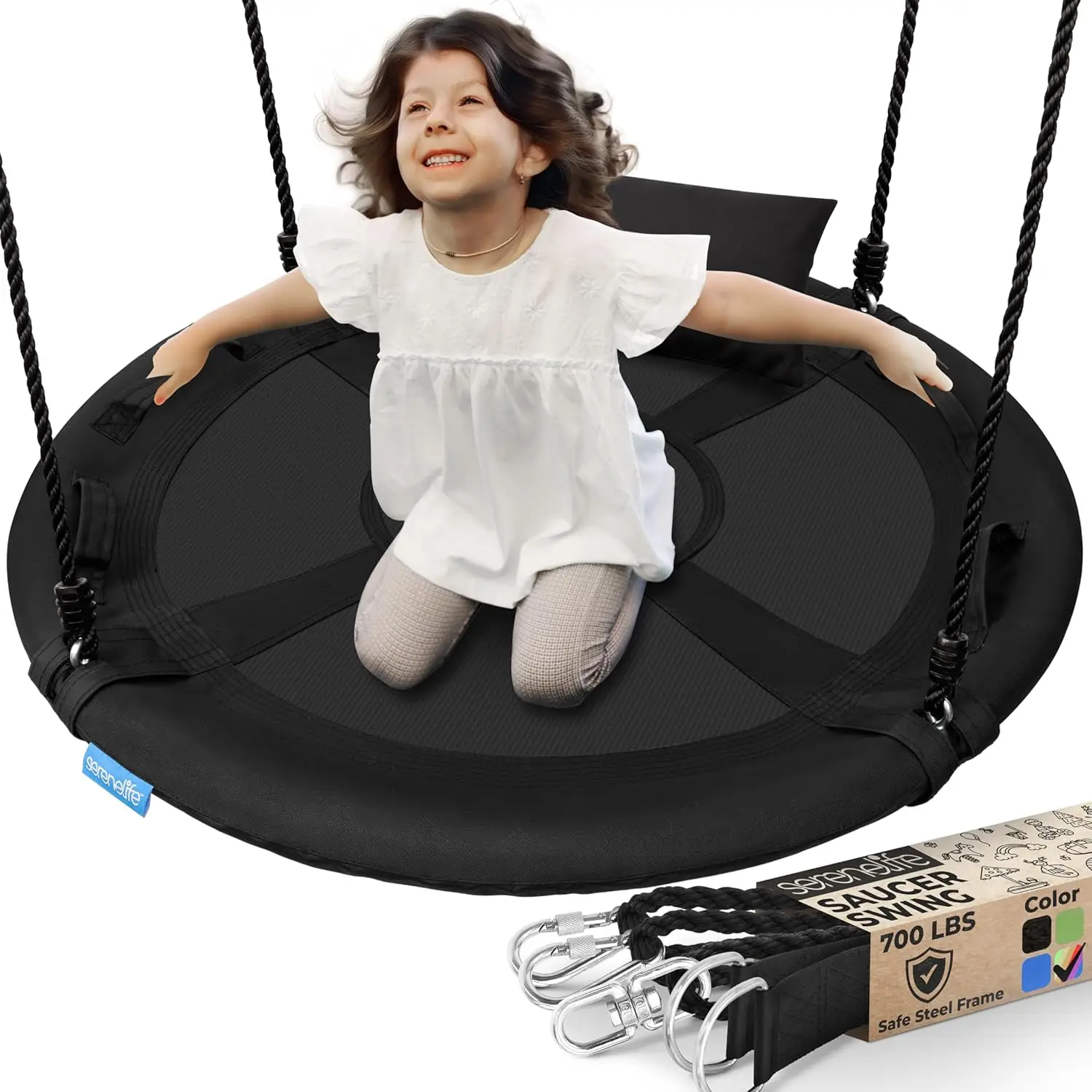 40" Outdoor Saucer Swing with Universal Hanging Kit, Weatherproof Design Supports 700 lbs, Includes Pillow and Carry Bag
40" Outdoor Saucer Swing with Universal Hanging Kit, Weatherproof Design Supports 700 lbs, Includes Pillow and Carry Bag