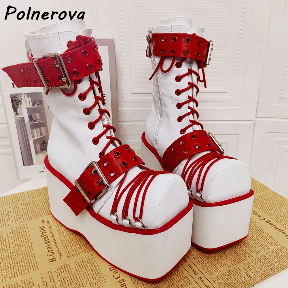 Gothic Platform Wedge Ankle Boots Lace-Up Red/Black Contrast Buckle Straps Punk Style Combat Boots winter square toe warm shoes
Gothic Platform Wedge Ankle Boots Lace-Up Red/Black Contrast Buckle Straps Punk Style Combat Boots winter square toe warm shoes