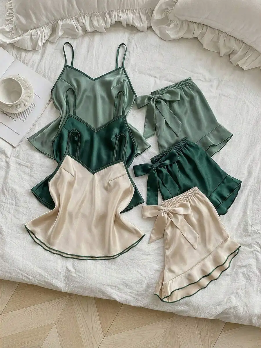 3pcs Set Contrast Color Ruffle Trim Faux Silk Sleepwear For Women
3pcs Set Contrast Color Ruffle Trim Faux Silk Sleepwear For Women