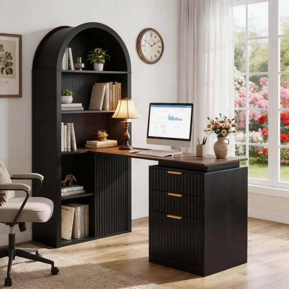 61-inch L-Shaped Desk with Arched Hutch, Black, Power Outlets, 3 Drawers, File Cabinet, Sliding Door Storage for Home Office
61-inch L-Shaped Desk with Arched Hutch, Black, Power Outlets, 3 Drawers, File Cabinet, Sliding Door Storage for Home Office