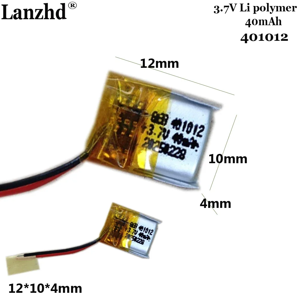 Ultra-small battery 401012 polymer lithium battery 3.7V 40mAh For Bluetooth headphones smart wearable series
Ultra-small battery 401012 polymer lithium battery 3.7V 40mAh For Bluetooth headphones smart wearable series