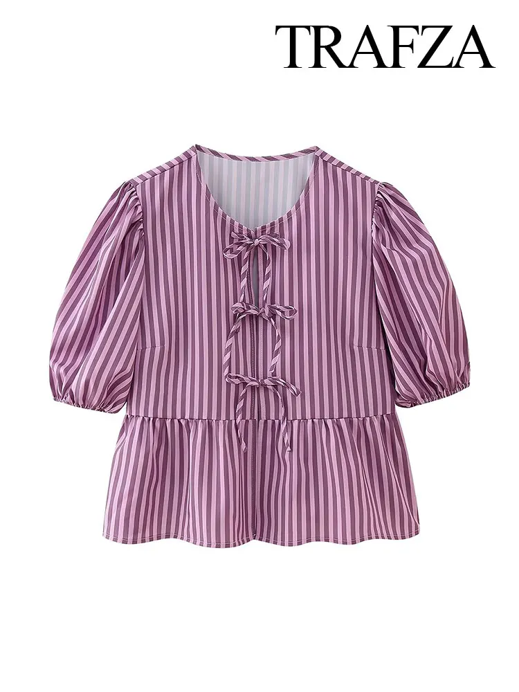 TRAFZA 2024 Women's Spring Striped Printed Casual Shirt Elegant Women's Puff Sleeve Lace-Up Round Neck Versatile Top Short Shirt
TRAFZA 2024 Women's Spring Striped Printed Casual Shirt Elegant Women's Puff Sleeve Lace-Up Round Neck Versatile Top Short Shirt
