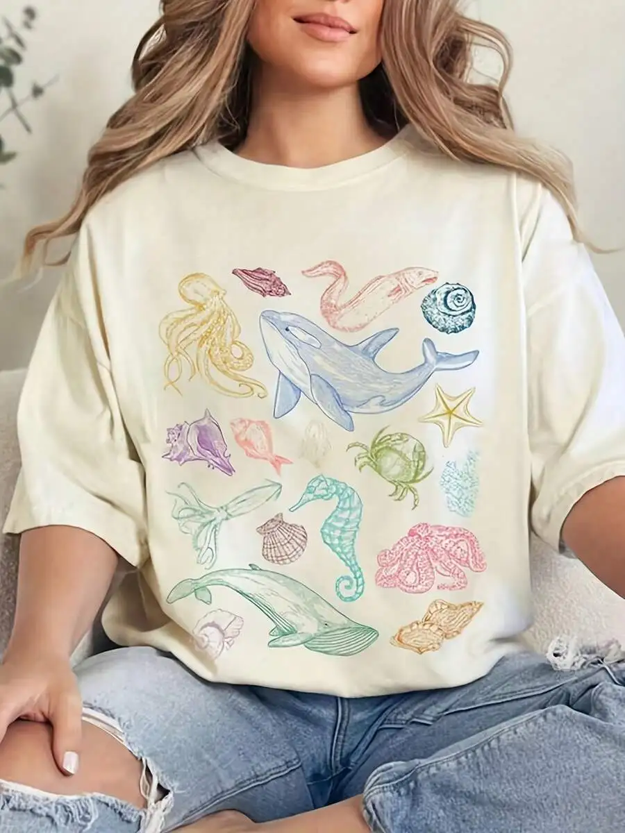 Womens Casual Cotton T-Shirt With Ocean Animal Print, Short Sleeve Round Neck Top, Regular Fit, Breathable Summer Tee
Womens Casual Cotton T-Shirt With Ocean Animal Print, Short Sleeve Round Neck Top, Regular Fit, Breathable Summer Tee