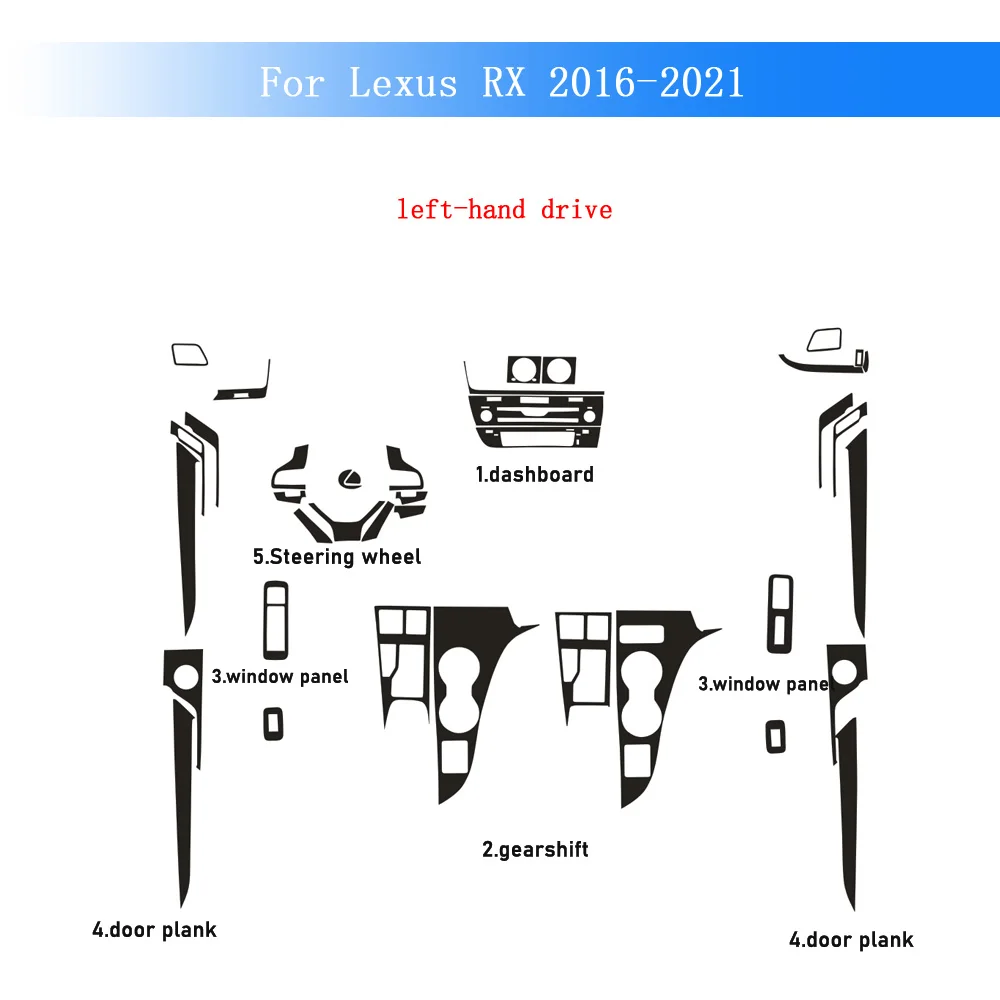 Пленка из углеродного волокна для Lexus RX 2016-2021: наклейка на центральную консоль, панель приборов, воздуховод, дверные ручки, панель управления стеклоподъемниками
Пленка из углеродного волокна для Lexus RX 2016-2021: наклейка на центральную консоль, панель приборов, воздуховод, дверные ручки, панель управления стеклоподъемниками