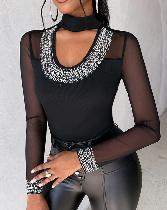 Sexy Blouse for Women Casual Solid Color Sheer Mesh Rhinestone Decor Keyhole Neck Casual Skinny Pullovers Skinny Top Streetwear
Sexy Blouse for Women Casual Solid Color Sheer Mesh Rhinestone Decor Keyhole Neck Casual Skinny Pullovers Skinny Top Streetwear