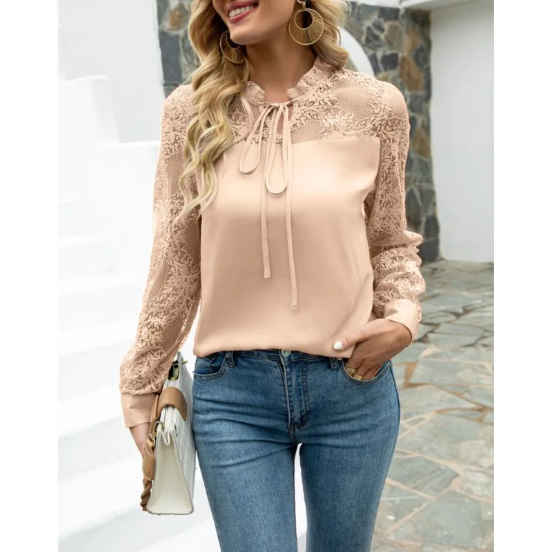 New Lace Long Sleeved Spring And Summer New Top V-neck Lace Up Sexy Women's Clothing Solid Color Splicing Loose Fitting Shirt
New Lace Long Sleeved Spring And Summer New Top V-neck Lace Up Sexy Women's Clothing Solid Color Splicing Loose Fitting Shirt