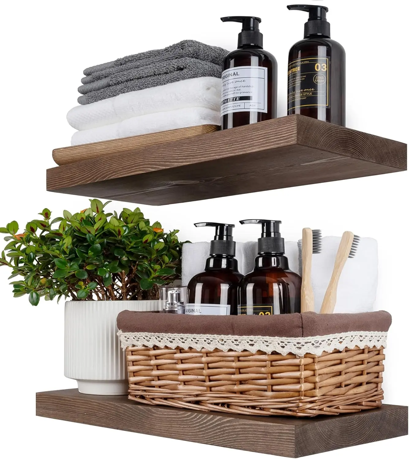 18" Rustic Wood Floating Shelves Set of 2, Solid Pine Wall Mount for Bathroom Kitchen Living Room, 18x6.7x1.25 inch Walnut
18" Rustic Wood Floating Shelves Set of 2, Solid Pine Wall Mount for Bathroom Kitchen Living Room, 18x6.7x1.25 inch Walnut