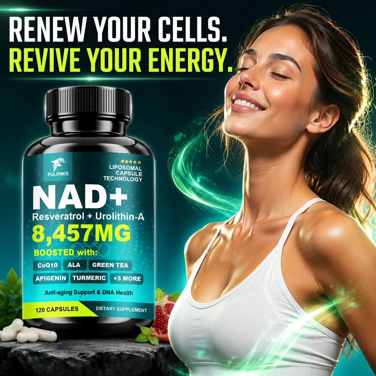 NAD+ Resveratrol Urolithin-A Capsules, Support Cellular & Skin Health, Immune, Energy, Focus, Anti Aging,Antioxidant Supplement
NAD+ Resveratrol Urolithin-A Capsules, Support Cellular & Skin Health, Immune, Energy, Focus, Anti Aging,Antioxidant Supplement
