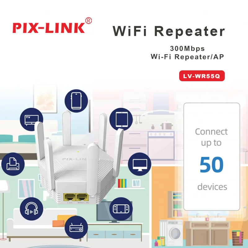 Eliminate WiFi Dead Zones PIX-LINK WR55Q 300Mbps Repeater 6 Antennas Router/AP Mode 300m² Coverage Works Home Coverage
Eliminate WiFi Dead Zones PIX-LINK WR55Q 300Mbps Repeater 6 Antennas Router/AP Mode 300m² Coverage Works Home Coverage
