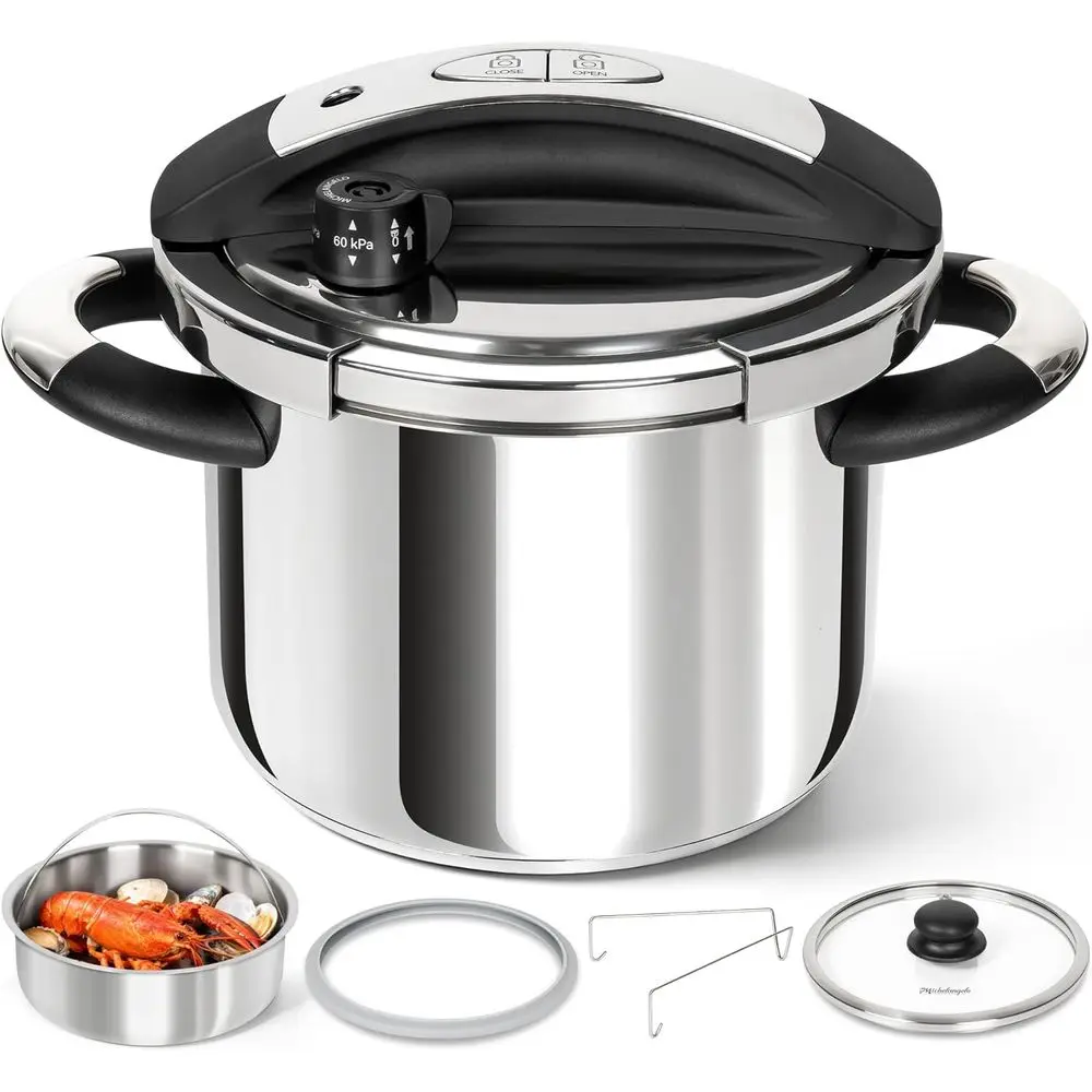 6.3 Quart 3-in-1 Pressure Cooker, One-Hand Locking, Induction Compatible, with Glass Lid & Steamer
6.3 Quart 3-in-1 Pressure Cooker, One-Hand Locking, Induction Compatible, with Glass Lid & Steamer