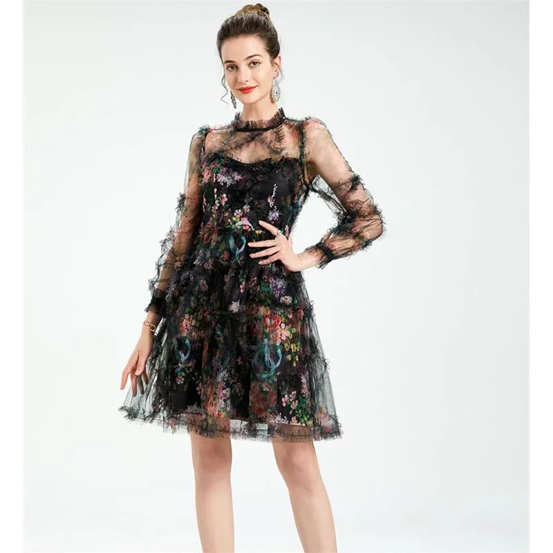 Women Dress High Quality New Fashion Designer Runway Summer Ruffles Neck Long Sleeves Floral Print Holiday Mesh Casual Dress
Women Dress High Quality New Fashion Designer Runway Summer Ruffles Neck Long Sleeves Floral Print Holiday Mesh Casual Dress