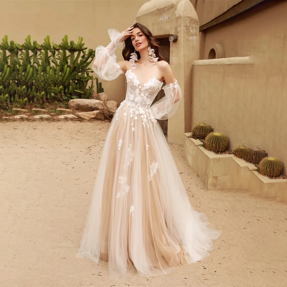Boho Wedding Dresses with Sweetheart Long Sleeve A Line Light Champange Bride Dress for Women Tulle Beach Bridal Gown Customized
Boho Wedding Dresses with Sweetheart Long Sleeve A Line Light Champange Bride Dress for Women Tulle Beach Bridal Gown Customized