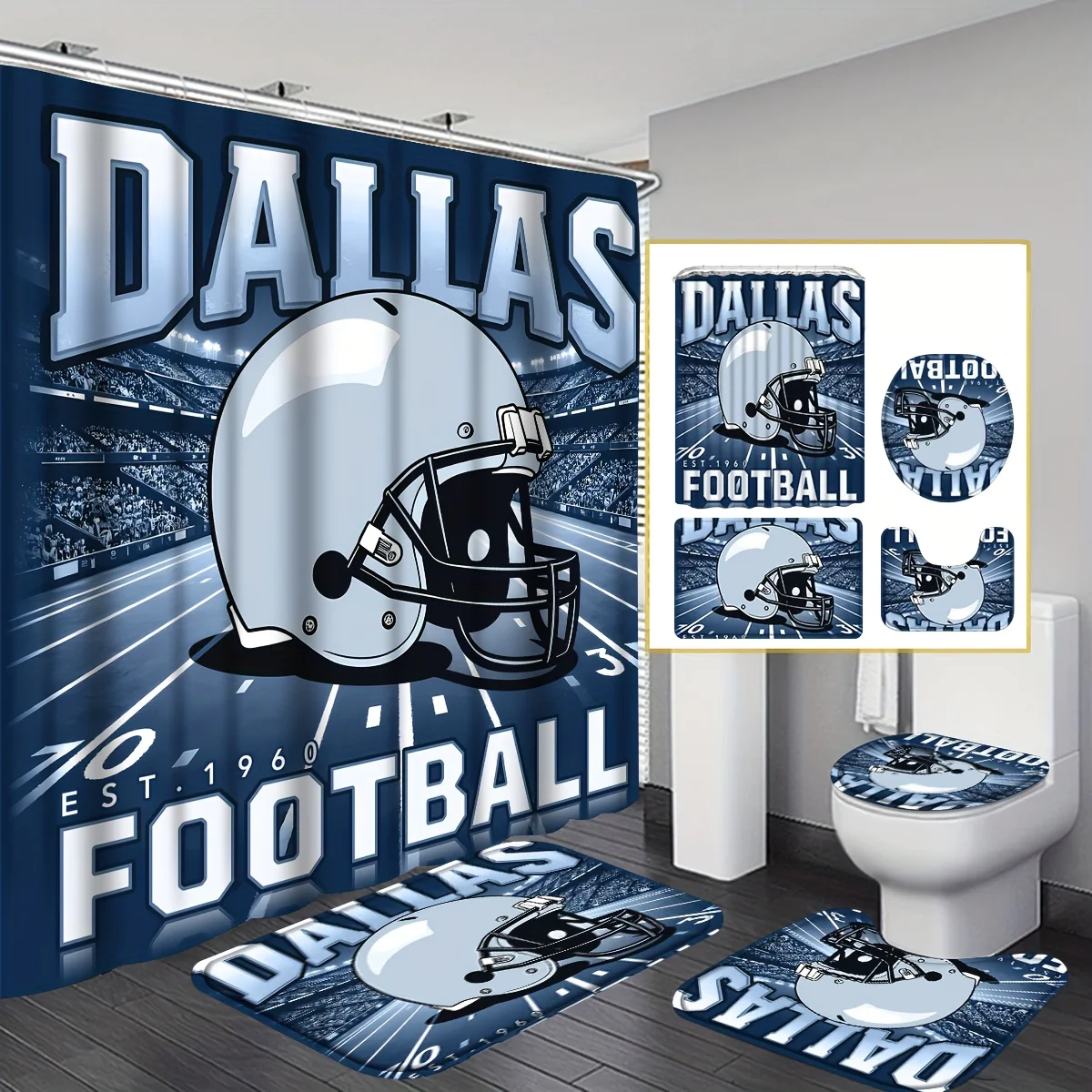 4 шт., комплект футбольных занавесок для душа Dallas с противоскользящими ковриками и чехлами для унитаза, спортивный стиль, декор для ванной комнаты для футбольных болельщиков, подарок
4 шт., комплект футбольных занавесок для душа Dallas с противоскользящими ковриками и чехлами для унитаза, спортивный стиль, декор для ванной комнаты для футбольных болельщиков, подарок