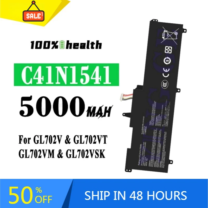 C41N1541 5000mAh Laptop battery for ASUS GL702V GL702VT GL702VM GL702VSK Lithium Rechargeable Battery
C41N1541 5000mAh Laptop battery for ASUS GL702V GL702VT GL702VM GL702VSK Lithium Rechargeable Battery