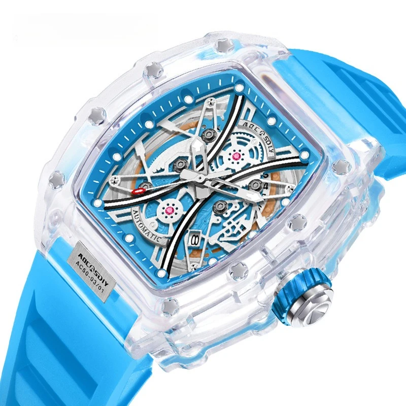 Модные мужские кварцевые часы в форме бочонка, прозрачный дизайн со светящимися стрелками и водонепроницаемым силиконовым ремешком
Модные мужские кварцевые часы в форме бочонка, прозрачный дизайн со светящимися стрелками и водонепроницаемым силиконовым ремешком